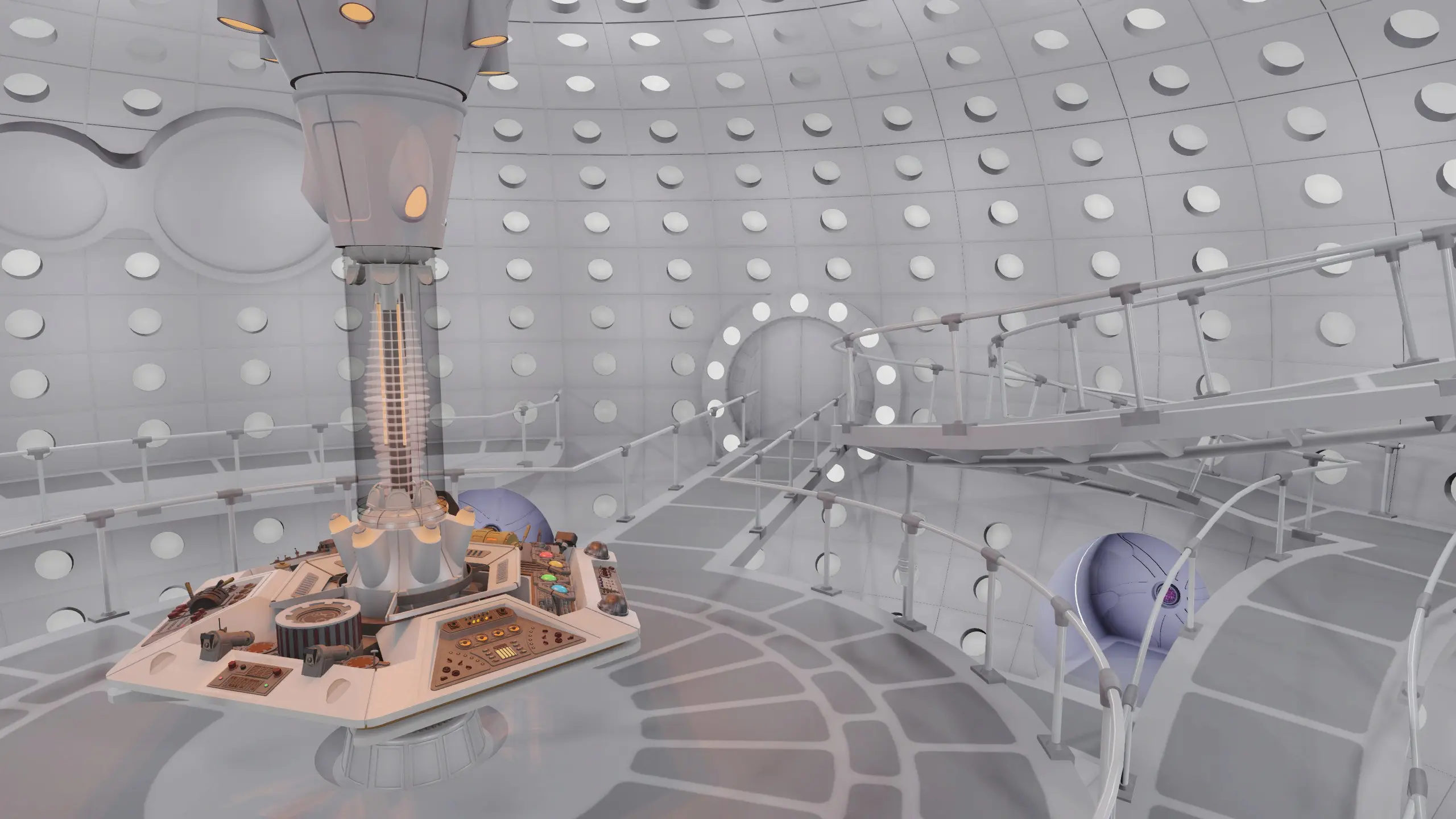 FWR background image - The 2024 TARDIS interior, a circular white room covered in roundels with a spiral walkway at the edge. 