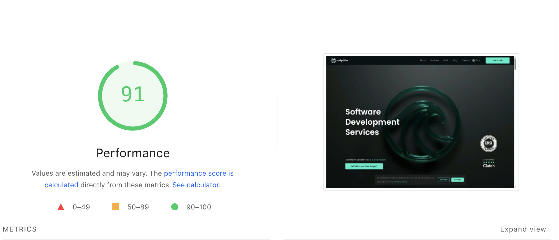 ScriptideのLighthouseパフォーマンススコア