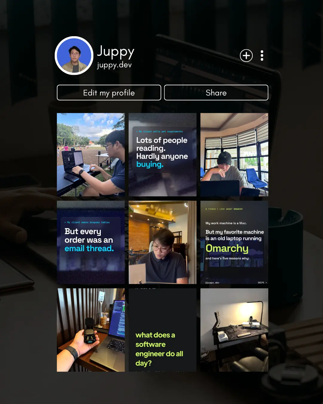 Personal branding and social media content design for juppy.dev, featuring modern developer branding, technology-focused graphics, and creative visual content by KishaSMM.