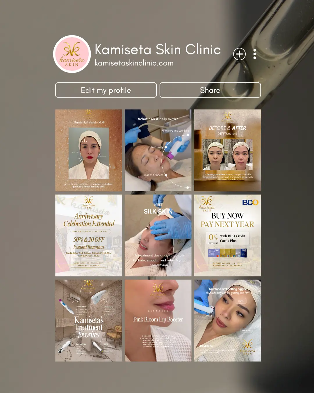 Instagram content design and social media management portfolio for Kamiseta Skin Clinic, featuring skincare promotions, beauty content, and branded graphics by KishaSMM.