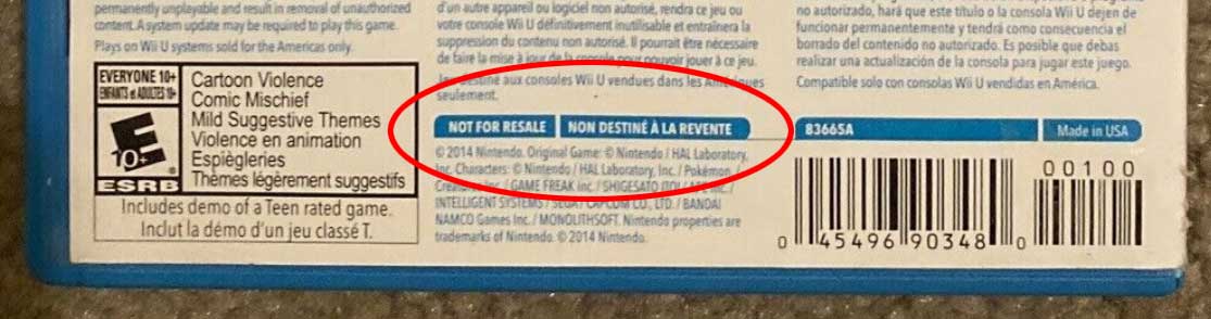 Not for resale text on the back of Wii U game