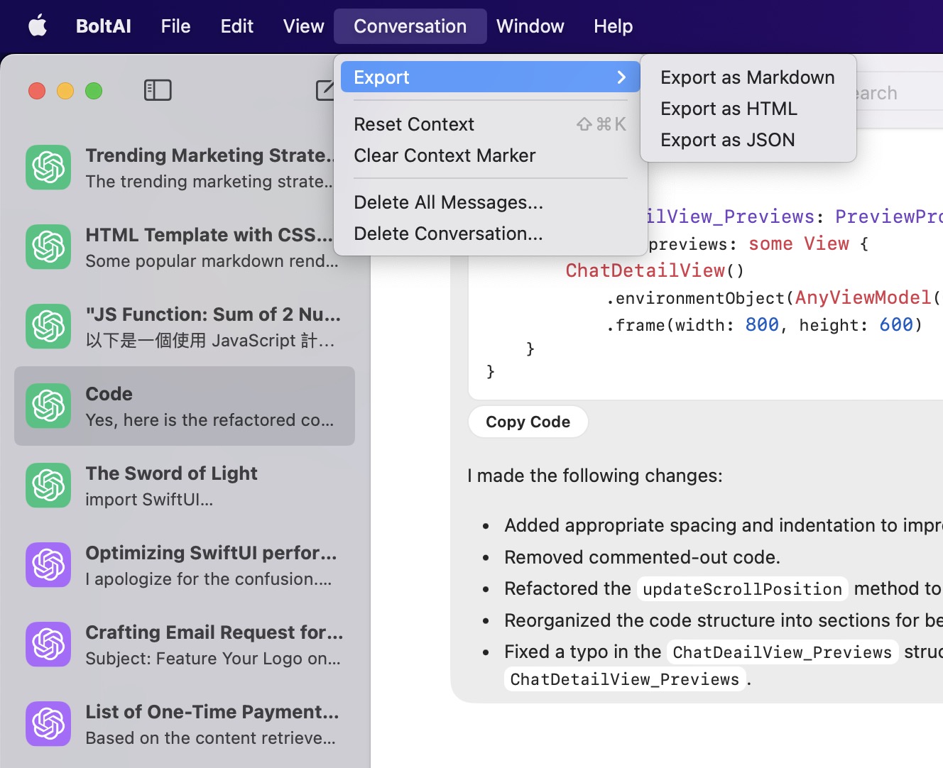 Export chats with BoltAI a ChatGPT app for mac