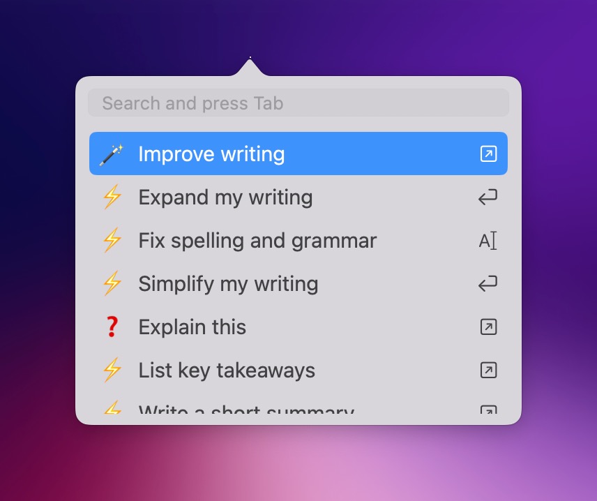 AI command popup BoltAI ChatGPT for Mac