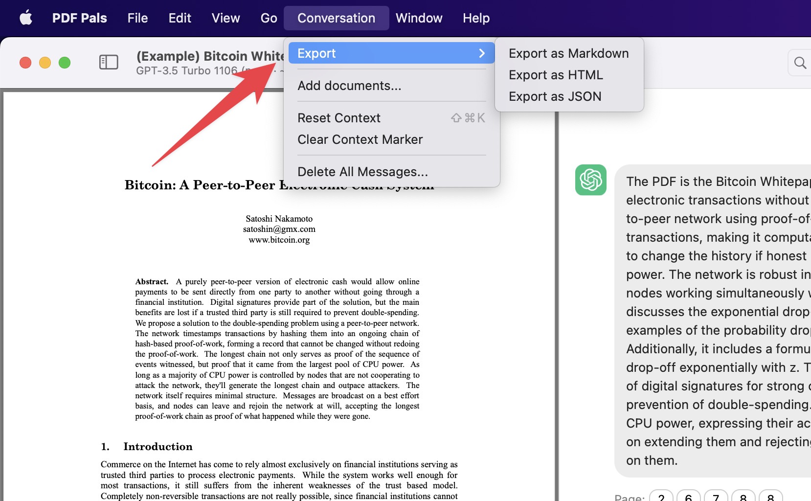 Export chats with PDF Pals a ChatGPT app for mac