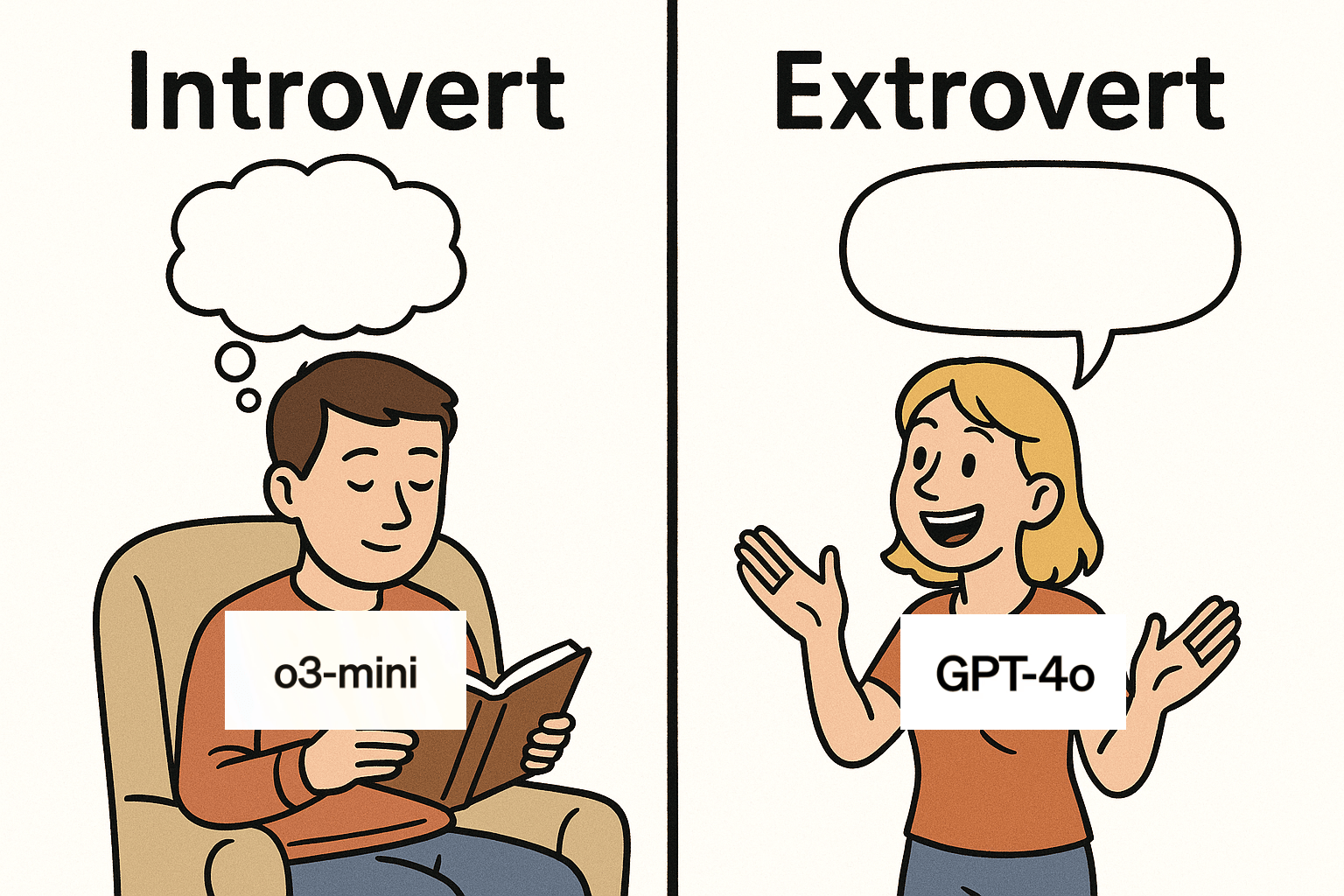 Split-panel cartoon. Left panel titled “Introvert” shows a person sitting in an armchair reading a book with a blank thought bubble above their head and “o3-mini” on their shirt. Right panel titled “Extrovert” shows a person standing, hands raised, speaking with a blank speech bubble above them and “GPT-4o” on their shirt.