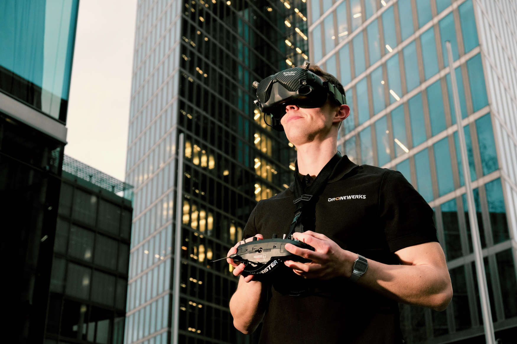 Man with FPV Goggles and Remote controller