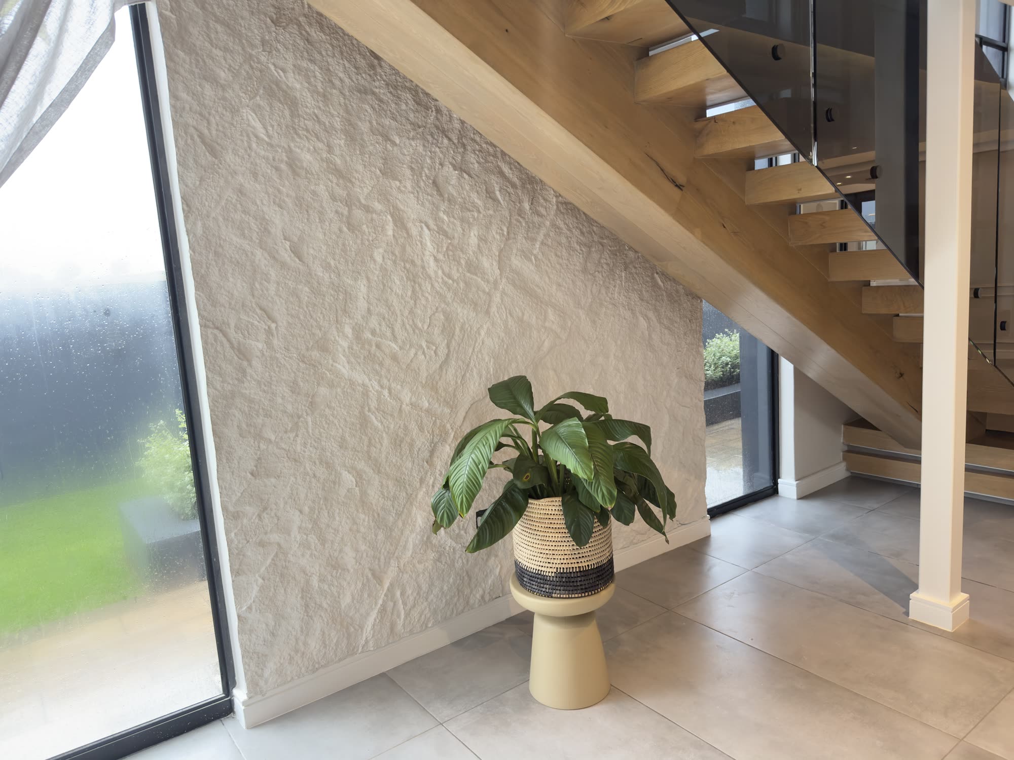Textured stone-look accent wall