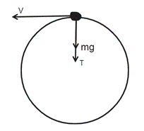  A free body diagram, with an arrow pointing left labeled v, and two pointing down, shorter one labelled mg and longer one T.