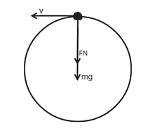  A free body diagram, with an arrow pointing left labeled v, and two pointing down, shorter one labelled FN and longer one mg.