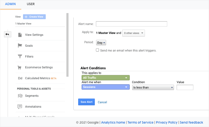 configure your google analytics custom alert