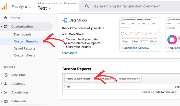 custom reports and new custom report button