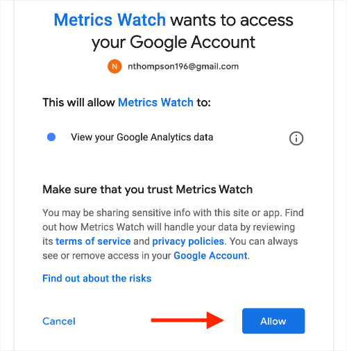 Metrics Watch wants to access your Google Account (OAuth confirmation screen)