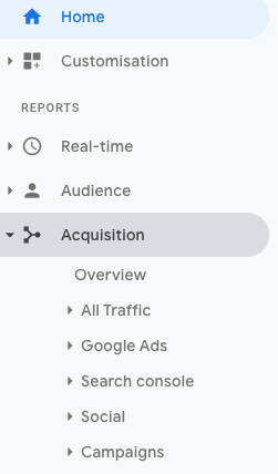 Where to find Acquisition in the Google Analytics side menu