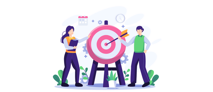 2 marketers setting an objective, represented by an archery target