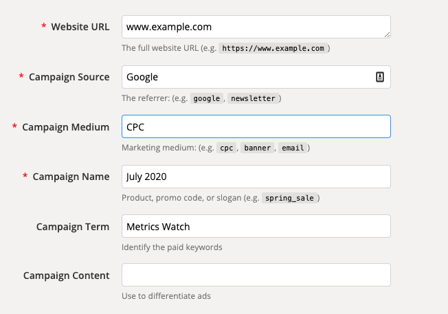 Screenshot of the Campaign URL Builder, with example above.