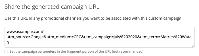 Screenshot of the Campaign URL Builder, with generated URL for example above.
