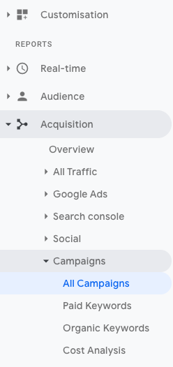 Screenshot of Google Analytics' acquisition menu with "All Campaigns" expanded.