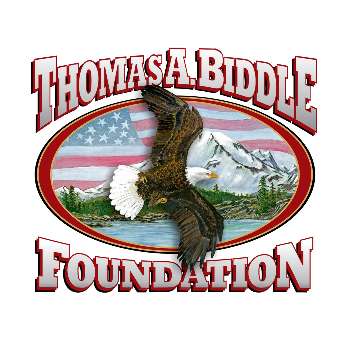 Thomas A. Biddle Foundation Logo. Bald Eagle soaring over mountainous landscape.